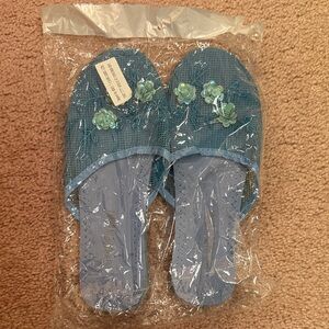 Blue Slide Slippers with Floral Accents